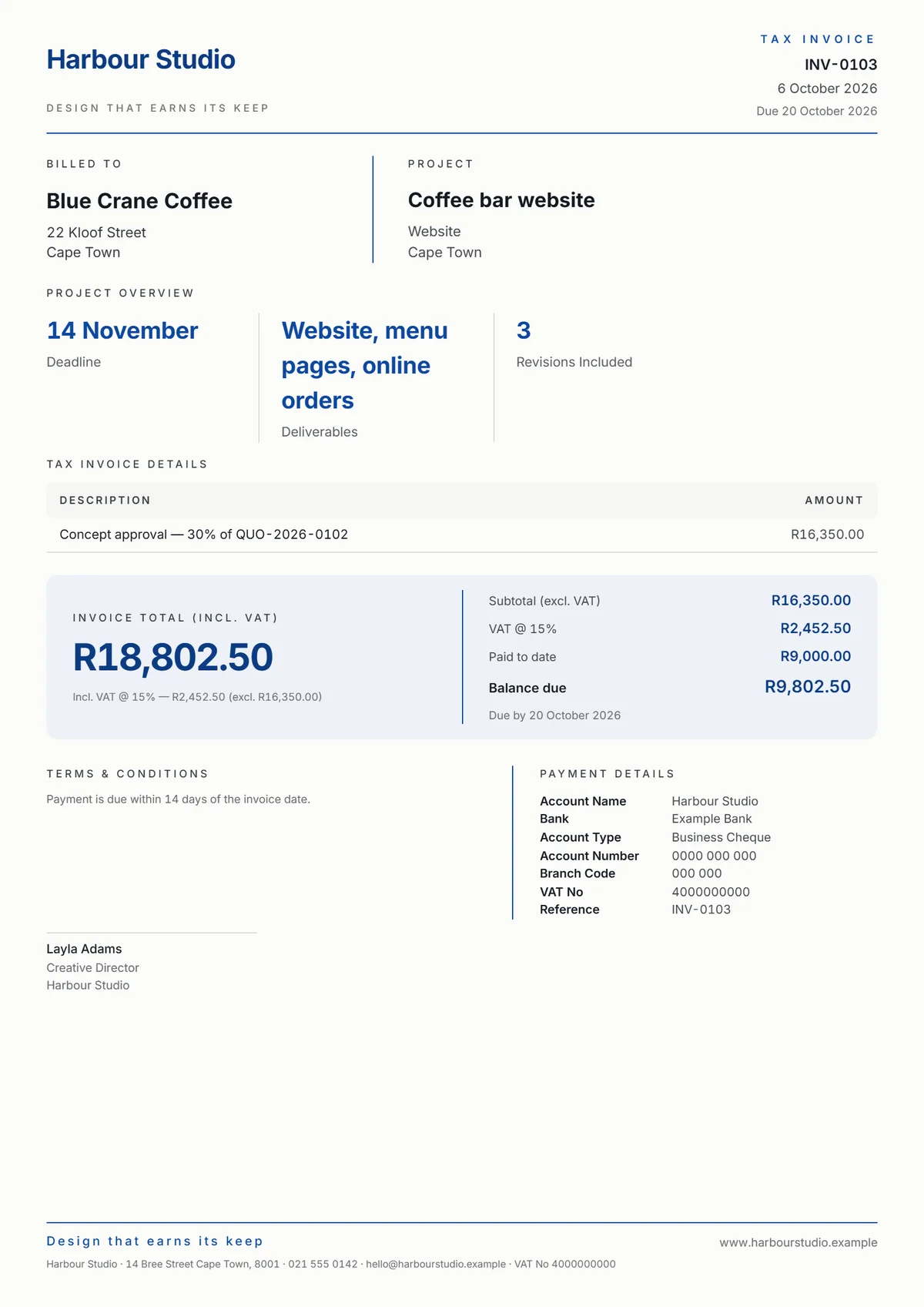 An invoice document made with Aegis Quotes