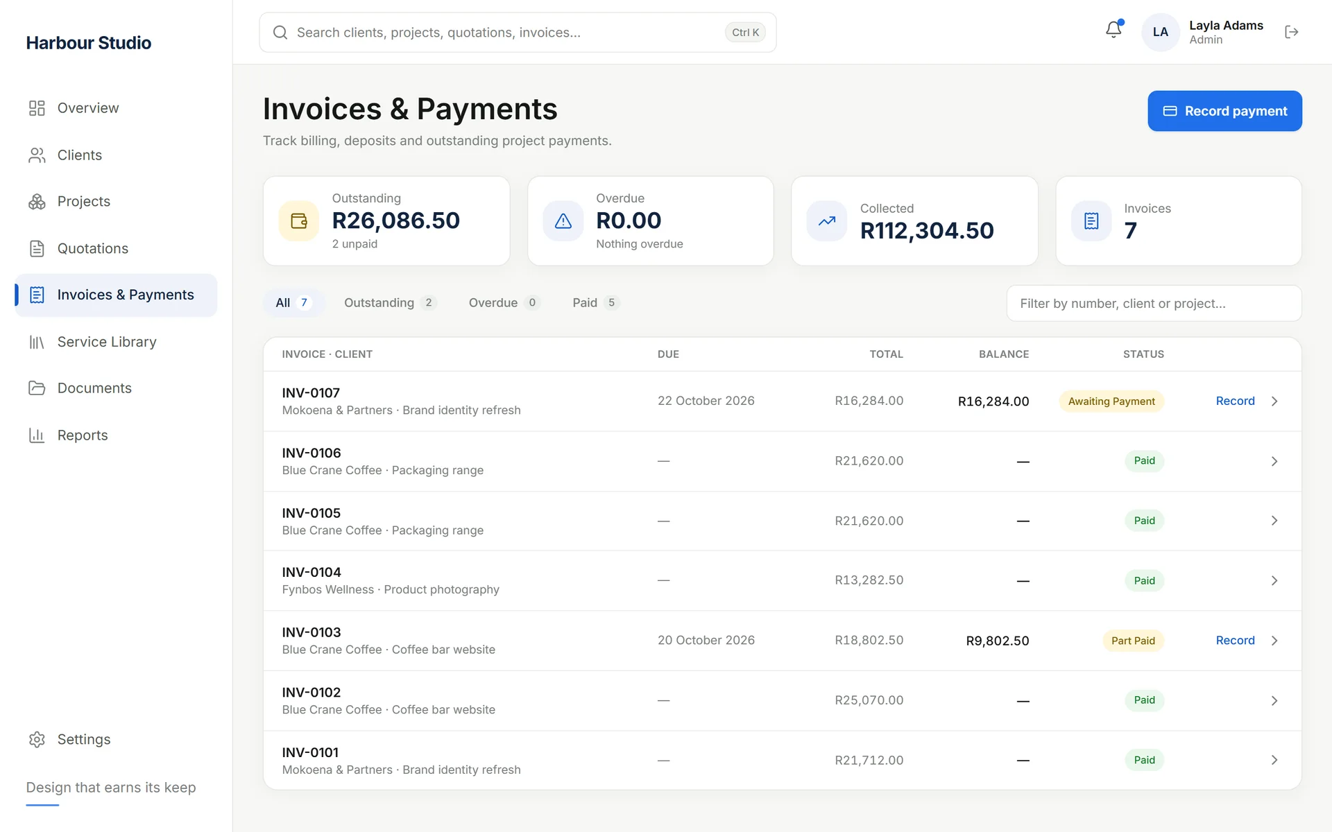 Aegis Quotes invoices and payments list