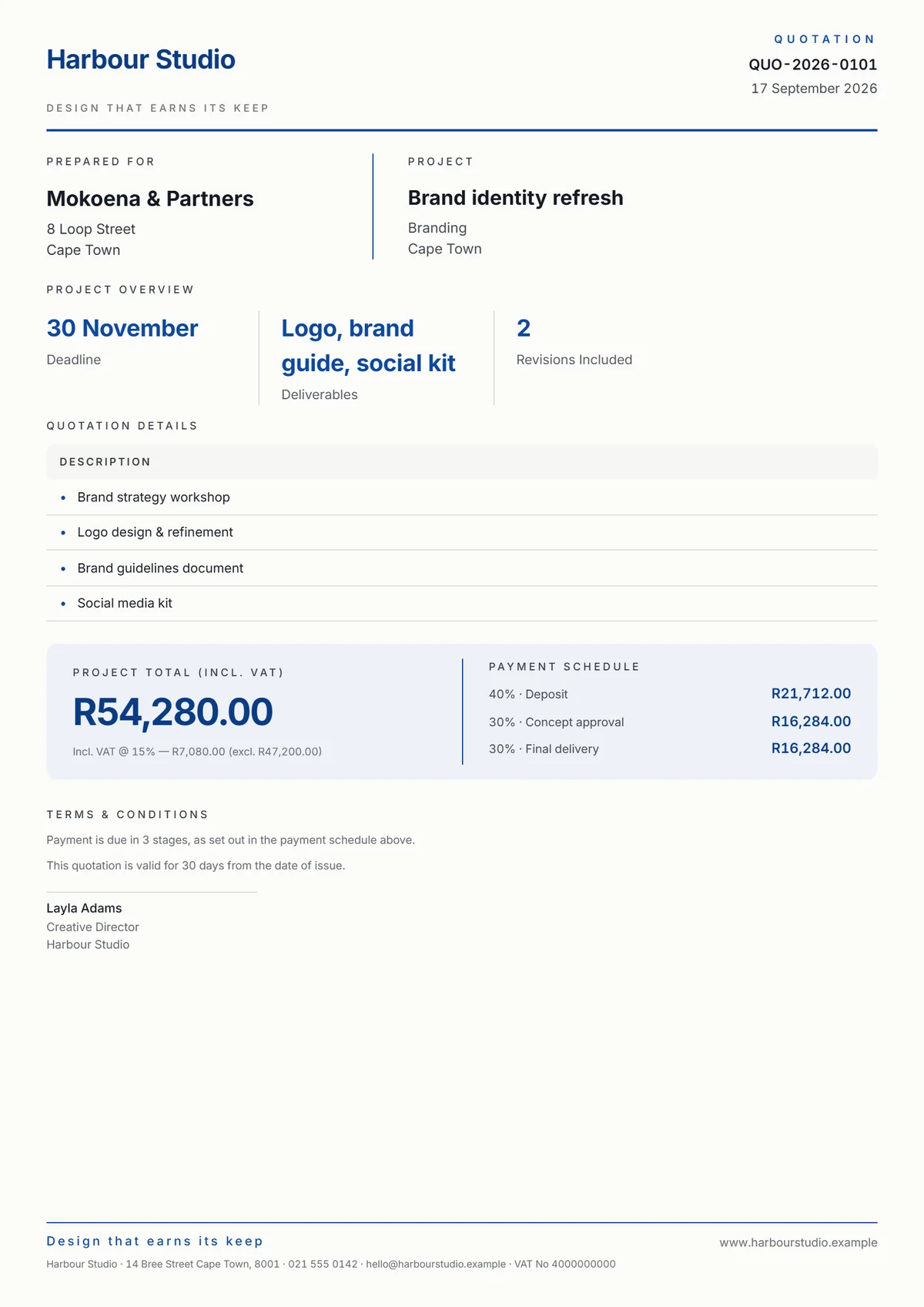 A quotation document made with Aegis Quotes