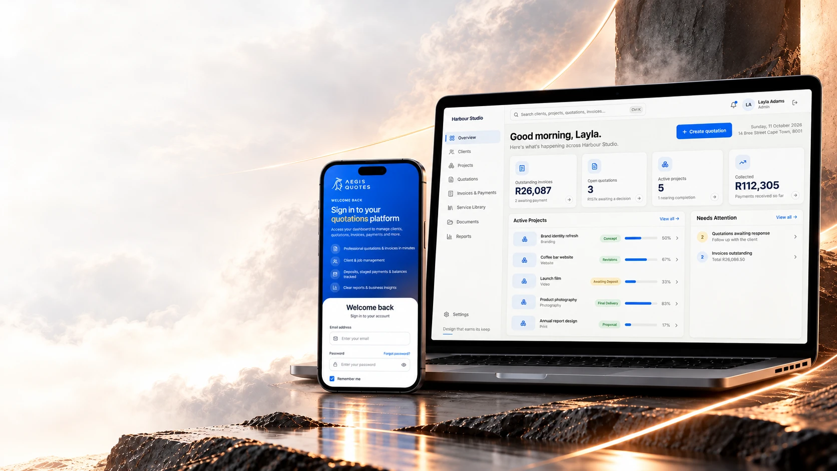 Aegis Quotes shown on a laptop and a phone: the dashboard and the sign-in screen