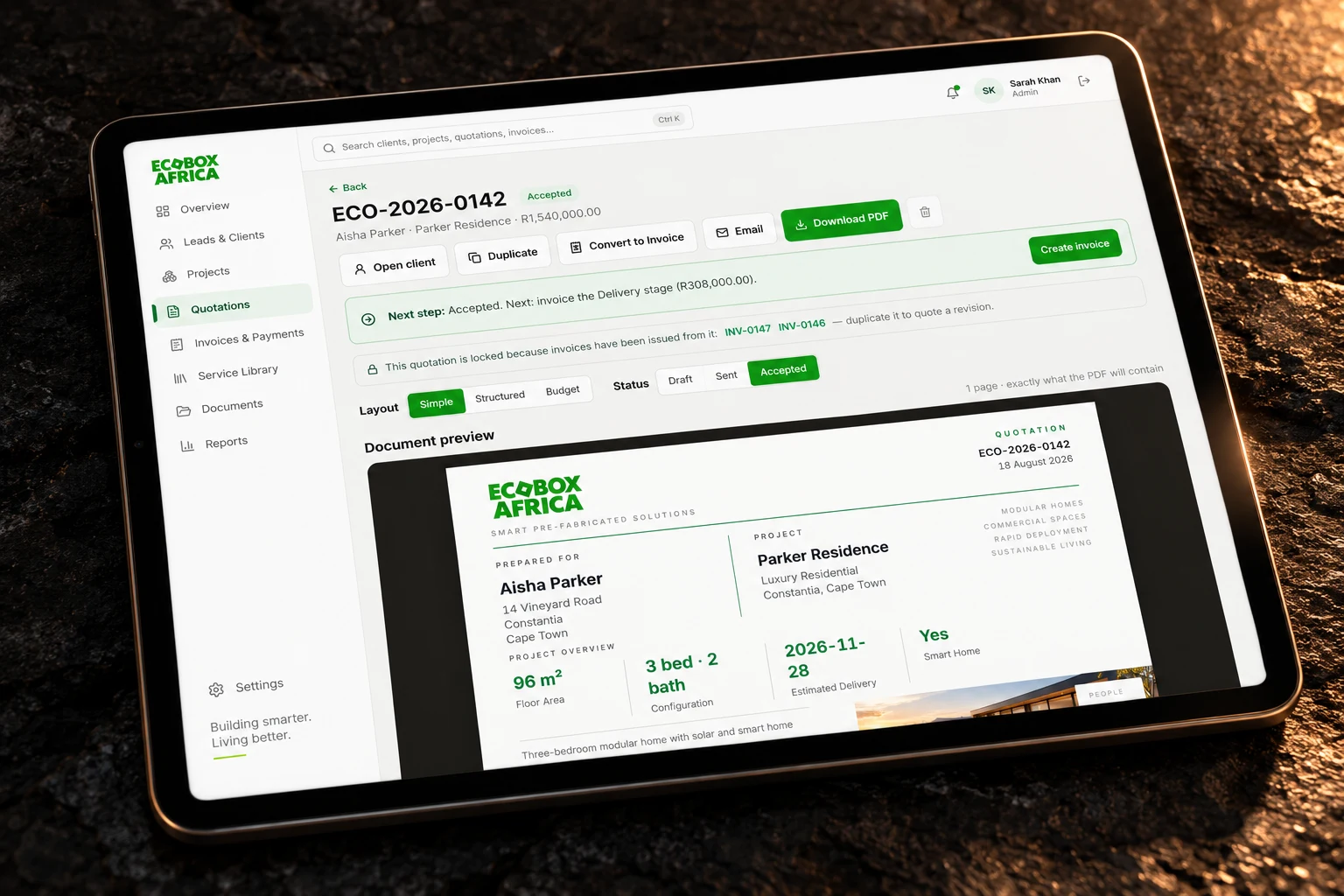 Ecobox Africa quotation shown on a tablet