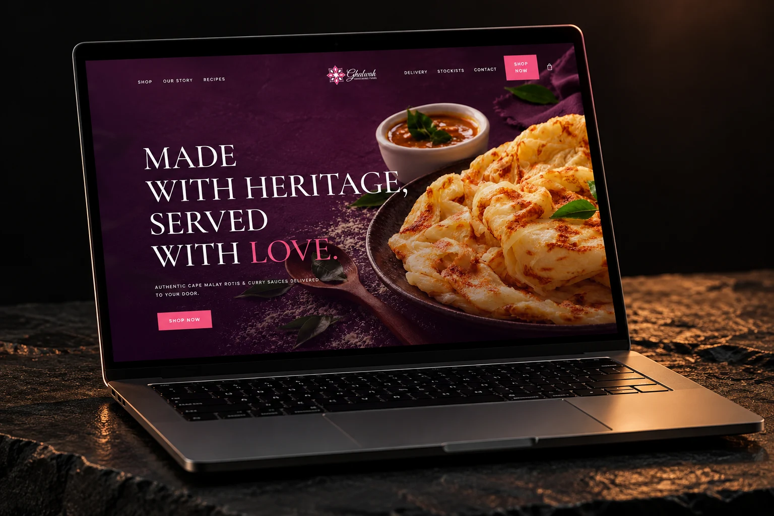 Ghalwah online store shown on a laptop