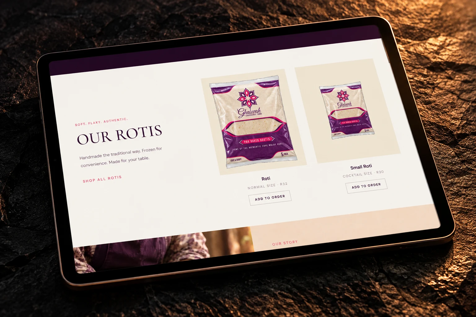 Ghalwah product page shown on a tablet