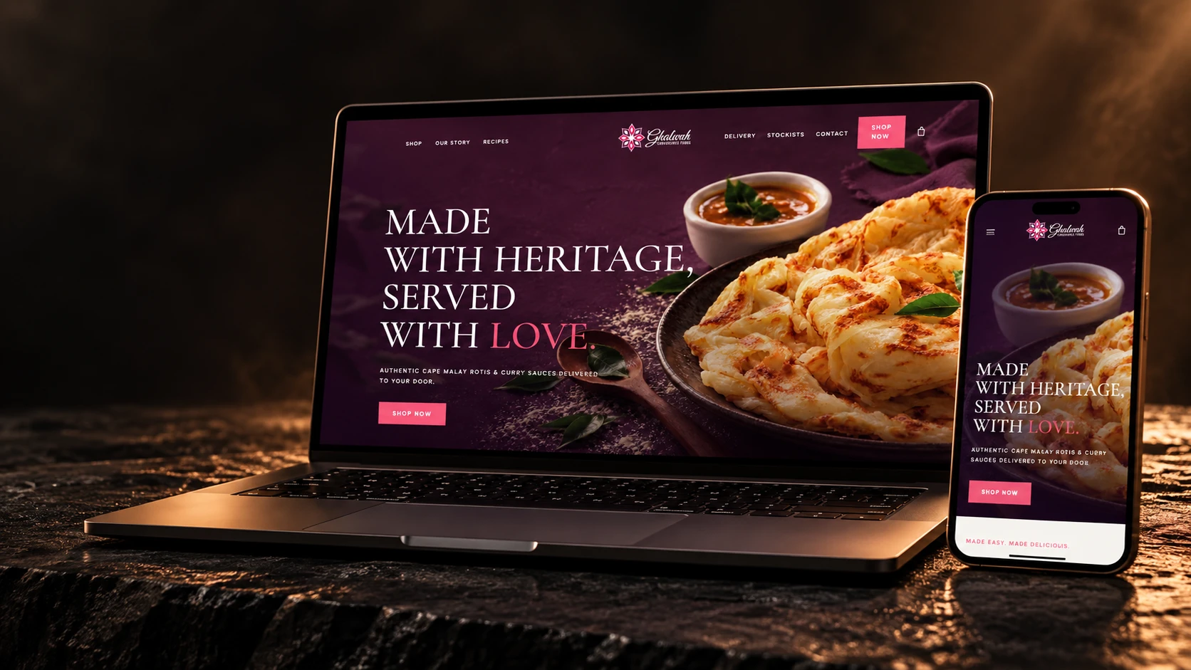 Ghalwah online store shown on a laptop and a phone