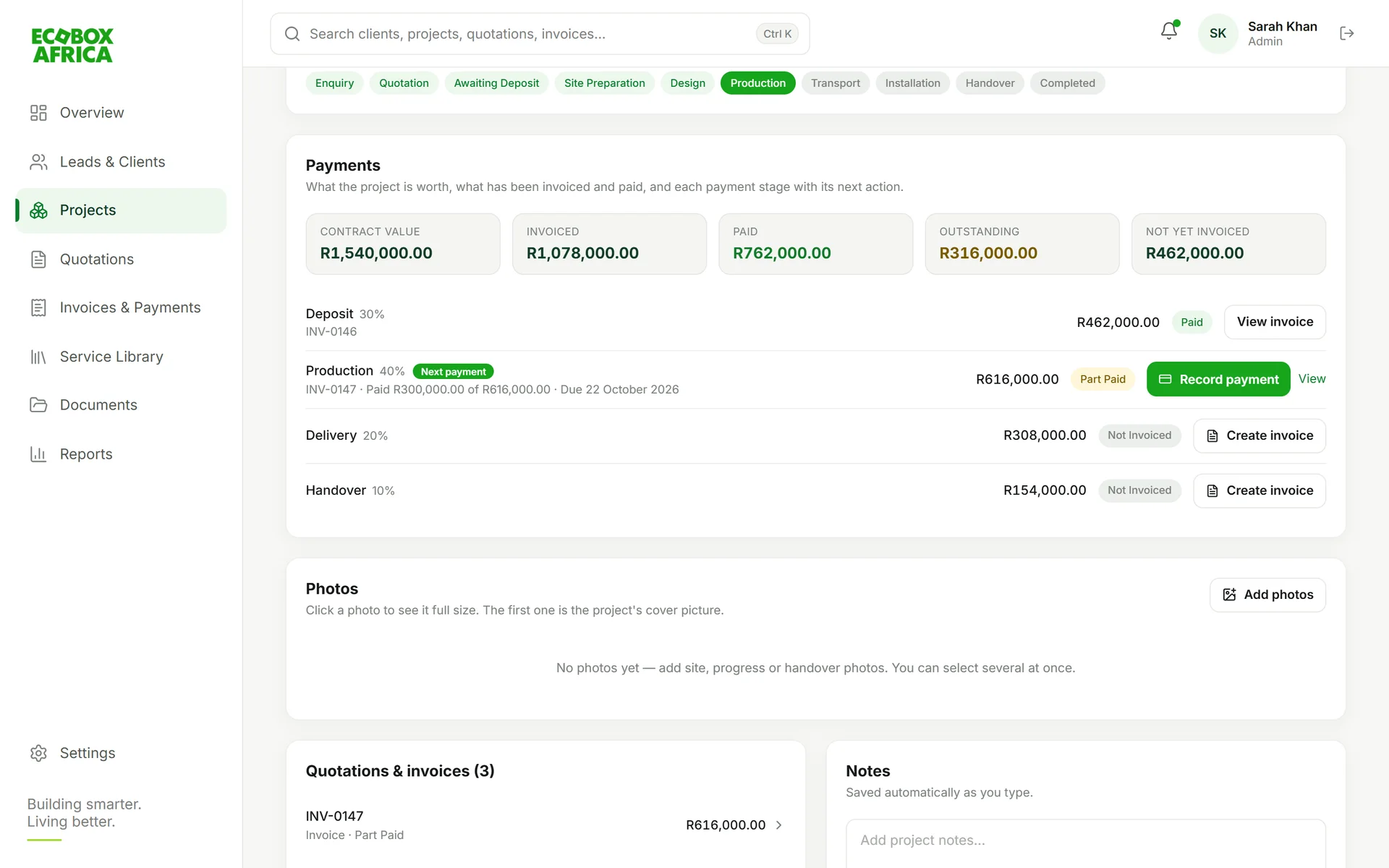 Quotations, Invoicing & Project System interface